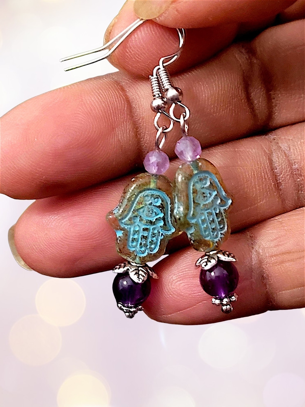 Hand Crafted Turquoise and Purple Czech Glass Hamsa Dangle Amethyst Earrings - Picture 6 of 11